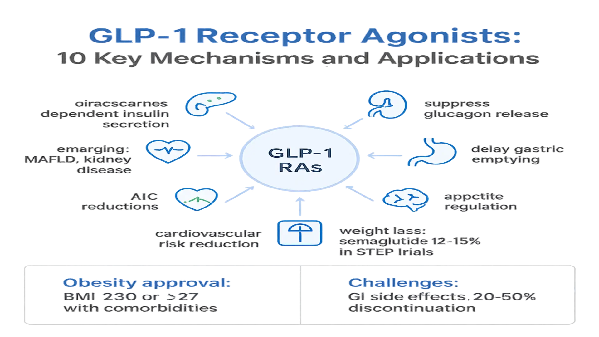Infographic titled 'GLP-1 Receptor Agonists: 10 Key Mechanisms and Applications' showing a central 'GLP-1 RAs' node with arrows to effects like increased glucose-dependent insulin secretion, suppressed glucagon, delayed gastric emptying, appetite regulation, weight loss (semaglutide 12–15% in STEP trials), A1C reduction, cardiovascular risk reduction, and emerging uses in MAFLD and kidney disease; includes obesity approval criteria and GI side effect/discontinuation note.