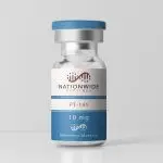Glass vial of Nationwide Peptides PT-141 peptide (10 mg) reference material with blue label and silver cap