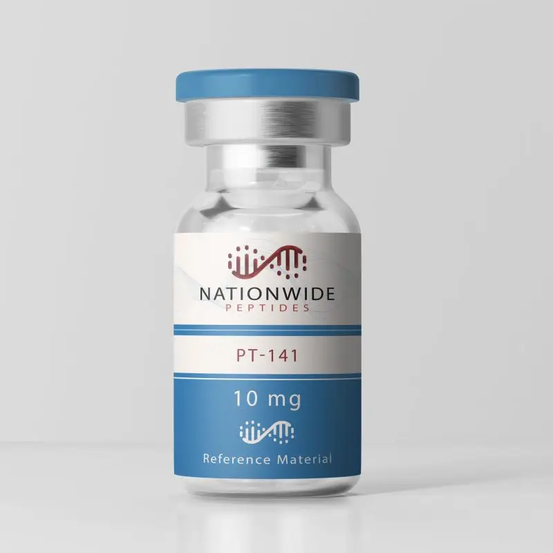 Glass vial of Nationwide Peptides PT-141 peptide (10 mg) reference material with blue label and silver cap