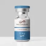 Front-facing glass vial of Nationwide Peptides Cagrisema 5 mg reference material with blue cap and blue-and-white label