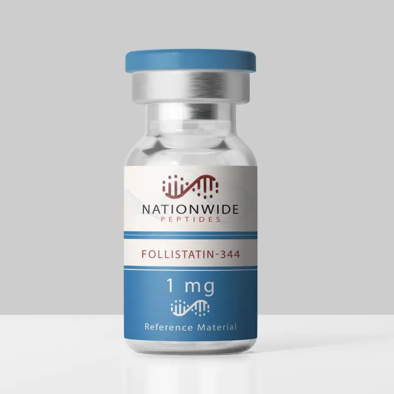 Clear glass vial labeled Follistatin-344 1 mg — Nationwide Peptides reference peptide vial with blue cap on a white background