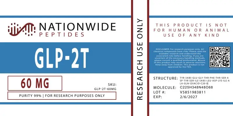 Nationwide Peptides GLP-2T 60 mg product label for research purposes
