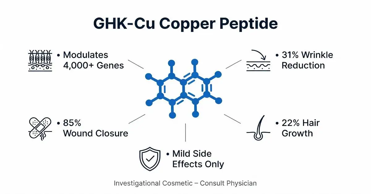 GHK-Cu Copper Peptide benefits including wrinkle reduction, hair growth, wound closure, and gene modulation