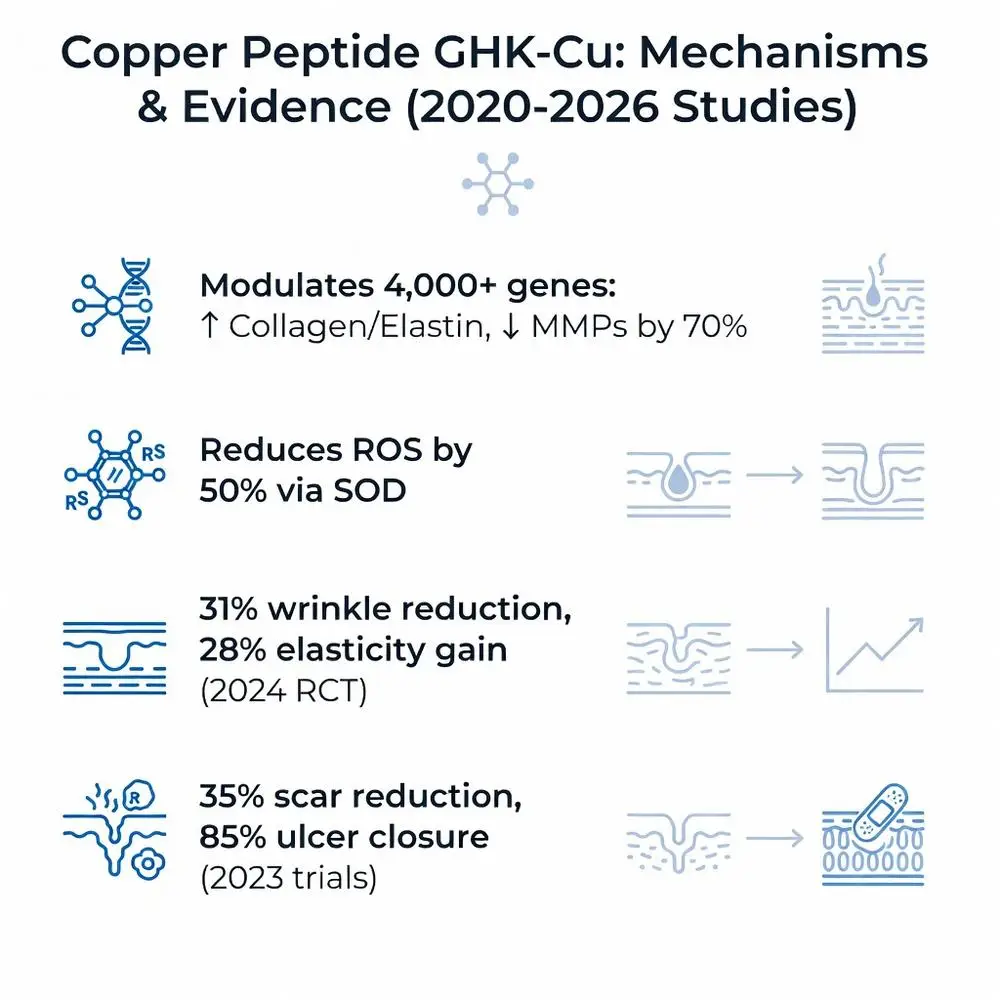 Infographic on Copper Peptide GHK-Cu: Mechanisms & Evidence (2020-2026 Studies) showing benefits like gene modulation, ROS reduction, wrinkle reduction, and scar healing