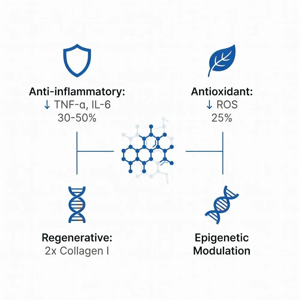 Diagram showing the benefits of a compound: anti-inflammatory (reduces TNF-a and IL-6 by 30-50%), antioxidant (reduces ROS by 25%), regenerative (increases collagen I by 2x), and epigenetic modulation.