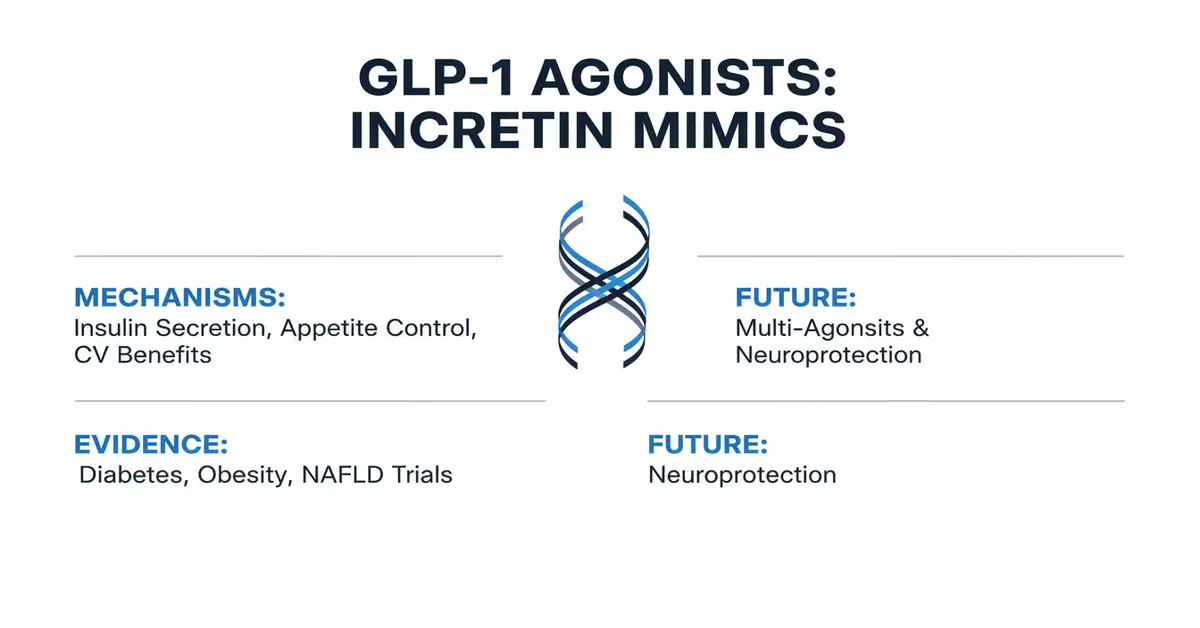 GLP-1 Agonists Incretin Mimics infographic showing mechanisms, evidence, and future applications