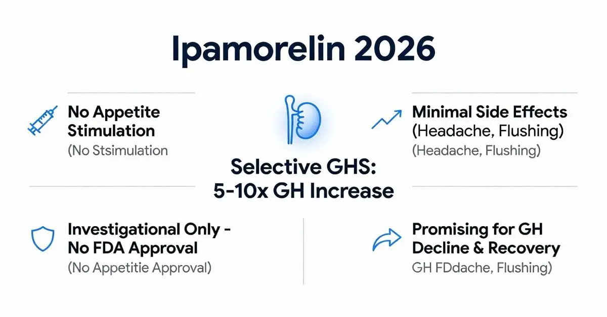 Ipamorelin 2026 infographic showing benefits and side effects including no appetite stimulation, minimal side effects, 5-10x GH increase, investigational status, and promising GH decline recovery.